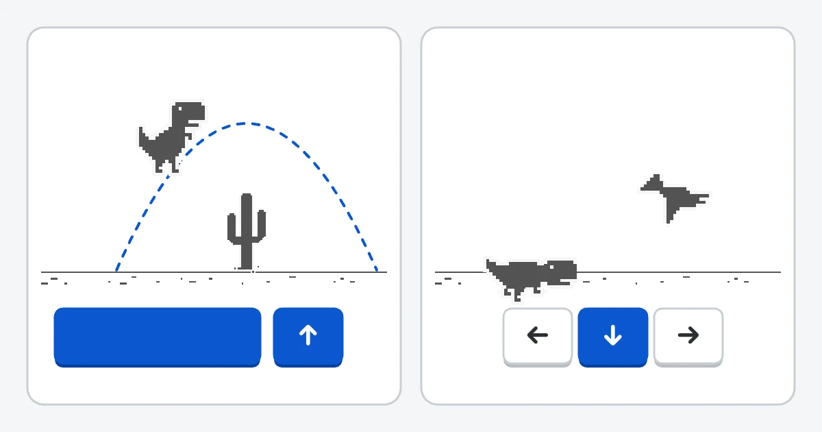 Two panels. Left: the T-Rex jumps over a cactus along a dotted arc above a highlighted Space bar and Up arrow key. Right: the T-Rex ducks under a pterodactyl above a highlighted Down arrow key.