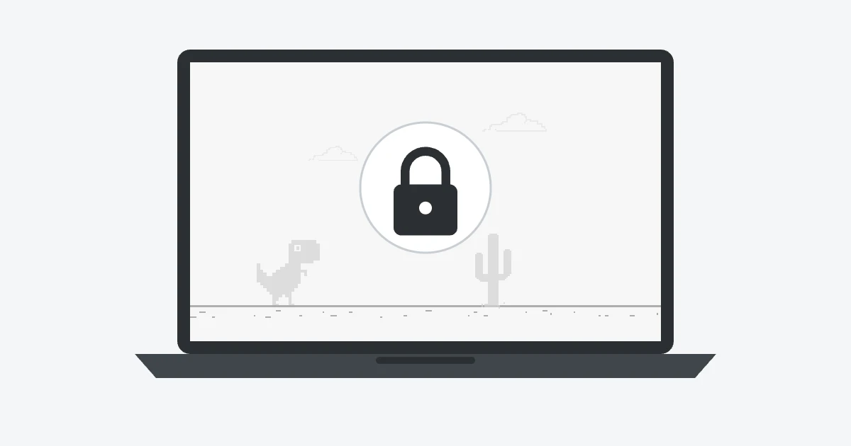 A laptop showing a faded T-Rex and cactus behind a large padlock.