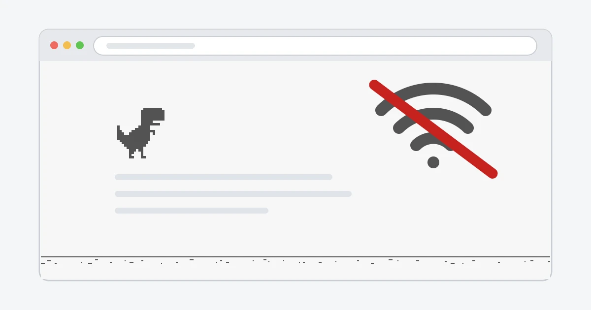 A browser tab with the small grey T-Rex on the offline error page and a large crossed-out Wi-Fi symbol.