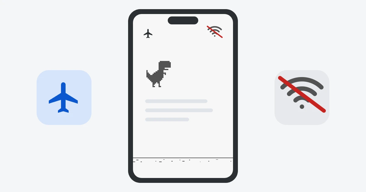A phone in airplane mode with a crossed-out Wi-Fi symbol and the small T-Rex on the offline page, next to an airplane icon.