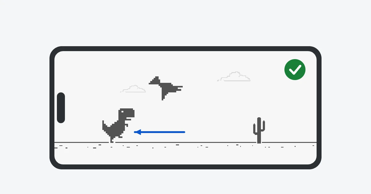 A phone held sideways: the T-Rex runs along the ground while a pterodactyl flies above its head.