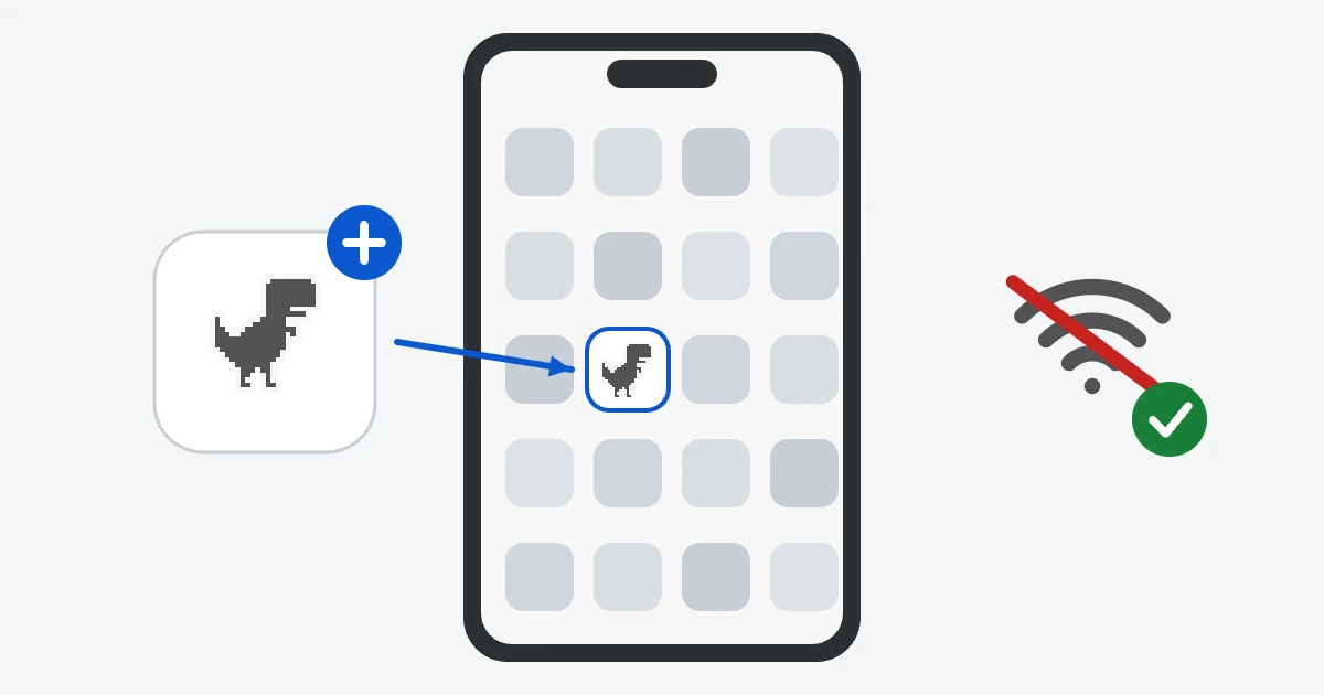 A phone home screen with a grid of grey app icons and one highlighted T-Rex icon, an arrow from a large T-Rex icon with a plus sign, and a crossed-out Wi-Fi symbol with a green check mark.