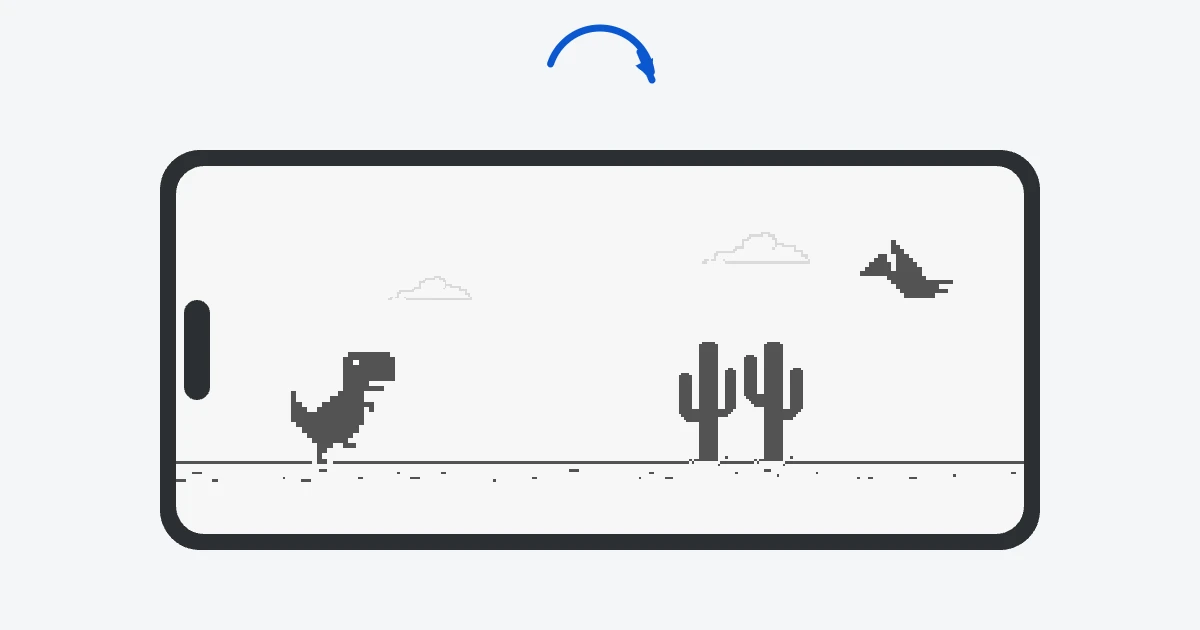 A phone turned sideways with a curved rotation arrow above it. The wide screen shows the T-Rex, two large cacti and a pterodactyl.