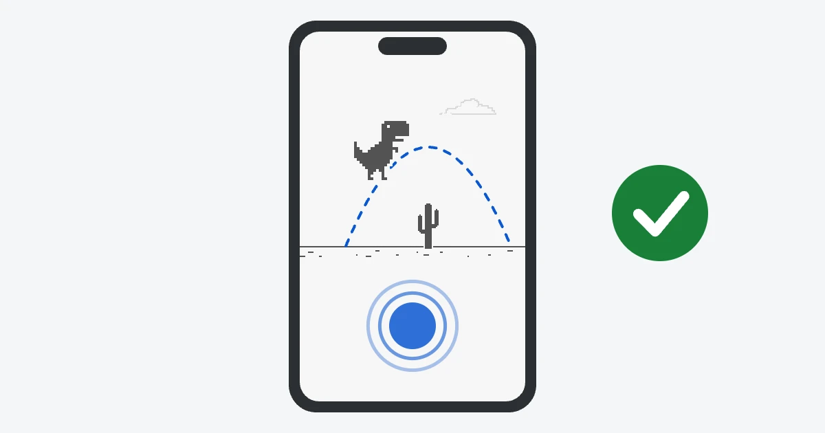 A phone showing the T-Rex jumping over a cactus along a dotted arc, with a finger tap marked on the lower half of the screen and a green check mark beside the phone.