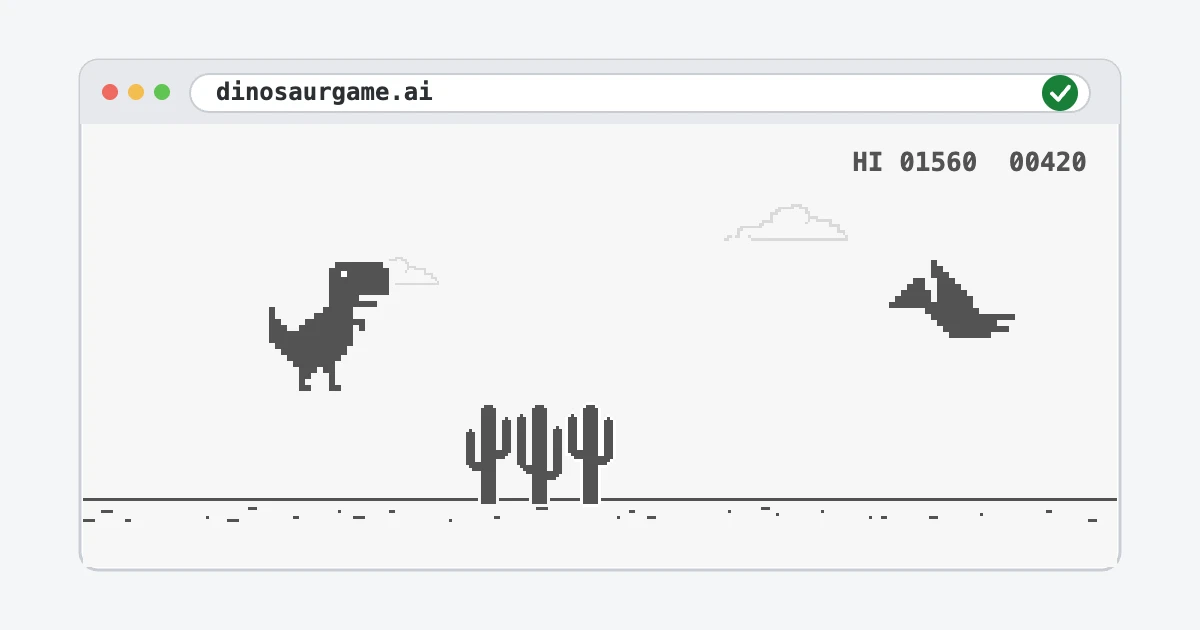 A browser window with dinosaurgame.ai in the address bar and a green check mark. The T-Rex jumps toward three cacti, a pterodactyl flies on the right, and the score reads HI 01560 00420.