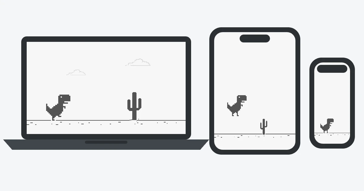 A laptop, a tablet and a phone side by side, each showing the T-Rex game.