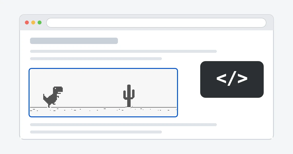 A web page with lines of text and the T-Rex game in a frame in the middle, next to a dark code icon.