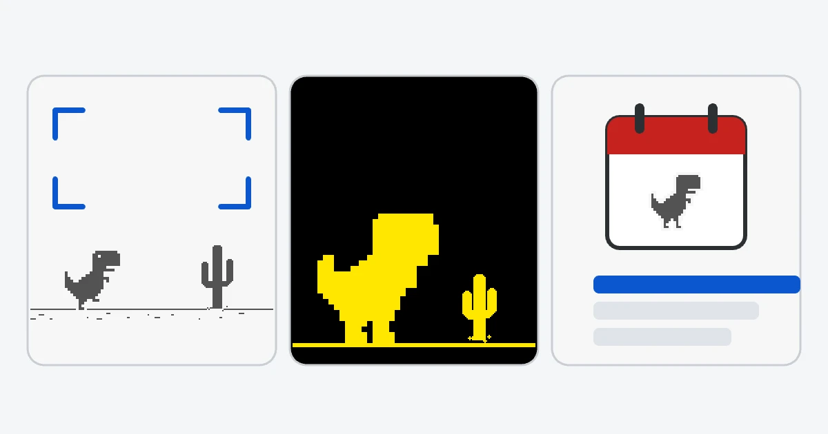 Three panels: the game with blue full-screen corner marks, a yellow T-Rex and cactus on a black background, and a calendar with the T-Rex on it above a short leaderboard.