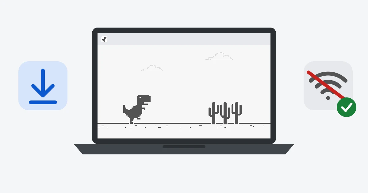 A laptop with the game open in its own app window, a blue download icon on the left, and a crossed-out Wi-Fi symbol with a green check mark on the right.